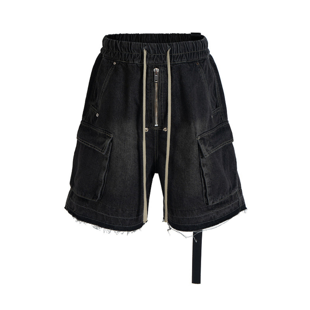 Shorts Cargo Denim Dégradé Avec Poches Utilitaires Et Taille Élastique Avec Bords Usés Premium