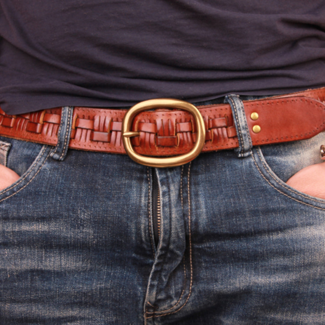 Ceinture En Cuir Véritable Tressé Cuivre Fait Main Avec Boucle En Laiton Style Vintage De Luxe
