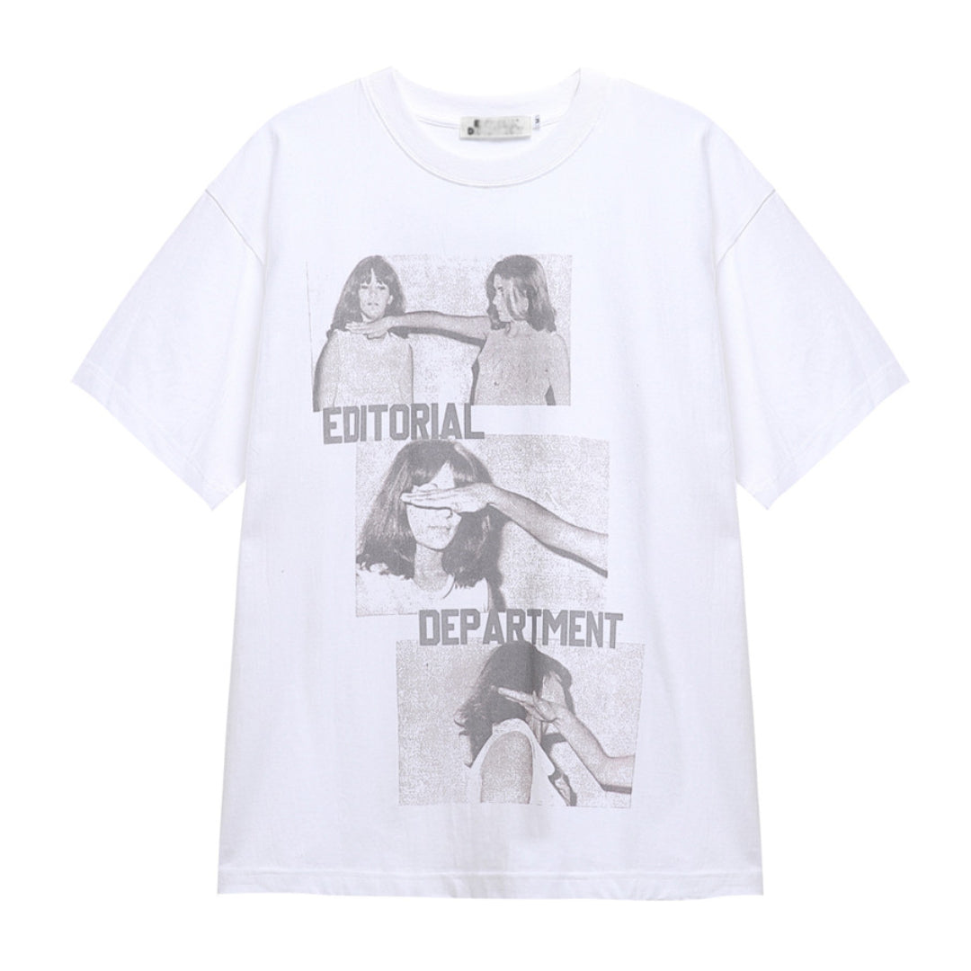 T Shirt Coton Editorial Department Coupe Vintage Décontractée Col Rond Teinté Vintage
