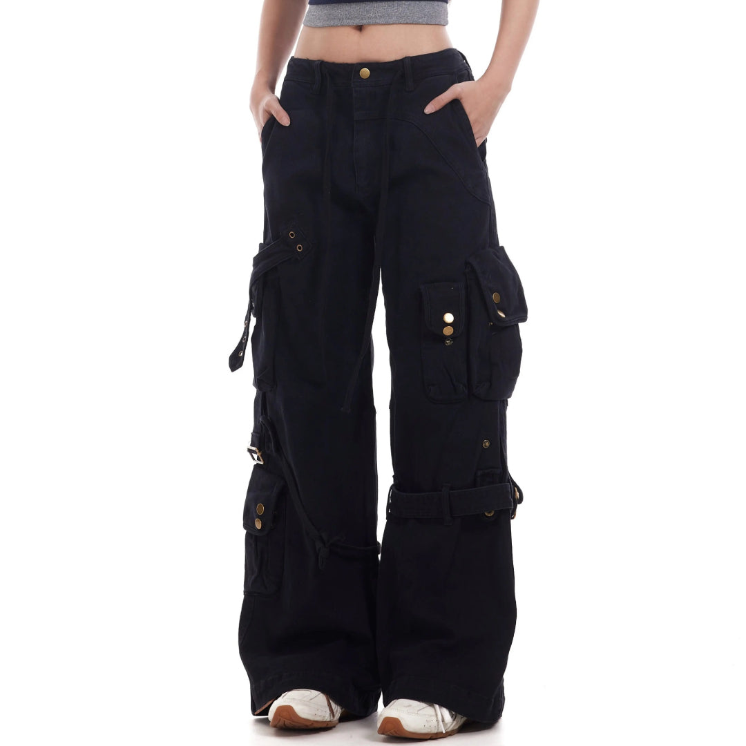 Pantalon Cargo Décontracté À Sangles Réglables En Coton Et Polyester Pour Un Style Déconstruction Chic