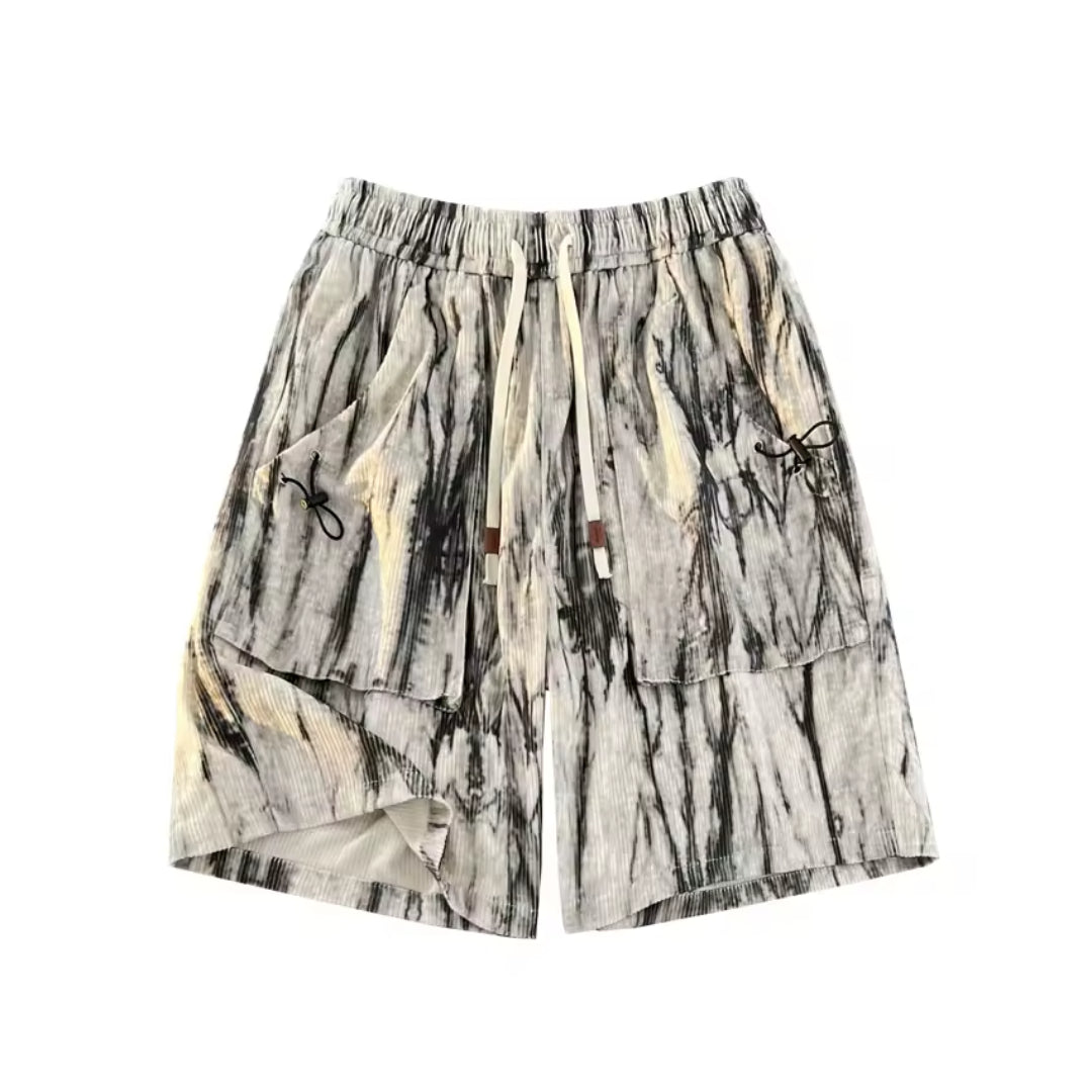 Shorts Velours Côtelé Marbré Tie-Dye À Taille Mi-Haute Avec Ceinture Élastique Et Poches Généreuses