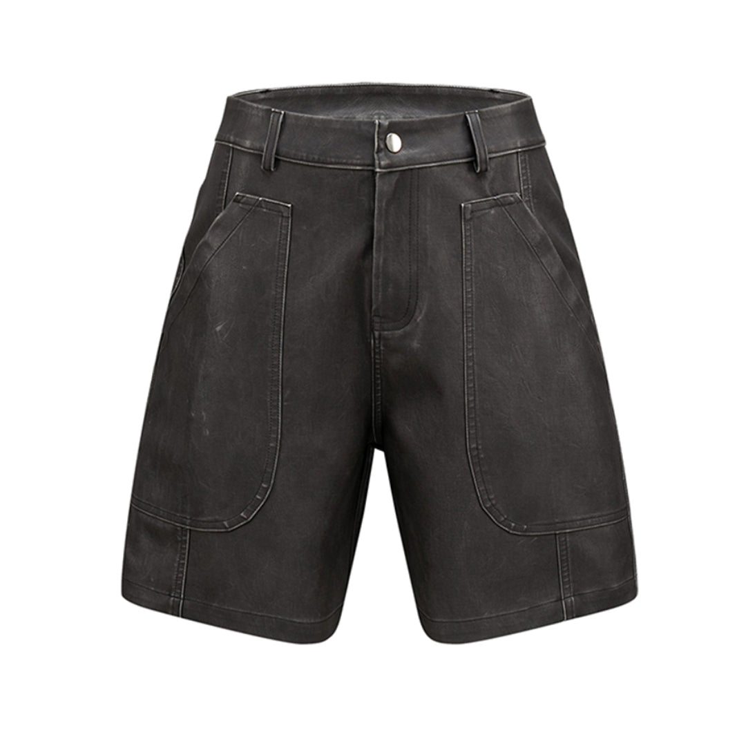 Shorts Dray Matte En Cuir Végan À Panneaux Zip Taille Mi Coupe Décontractée Et Longueur Genou