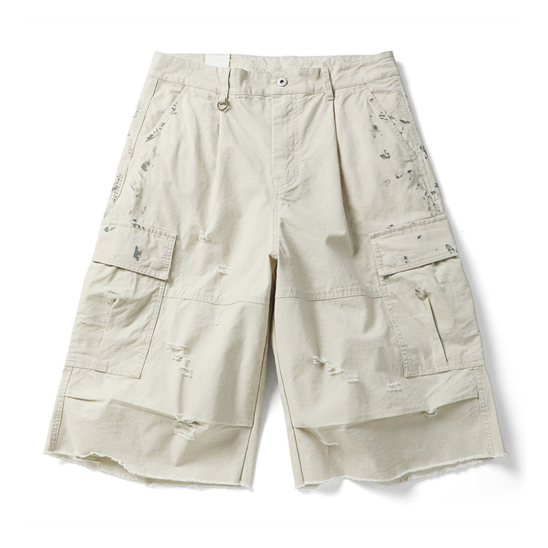 Shorts Cargo Oversize Brut Déchirés Avec Ourlet Frangé Et Multipoches En Coton De Qualité