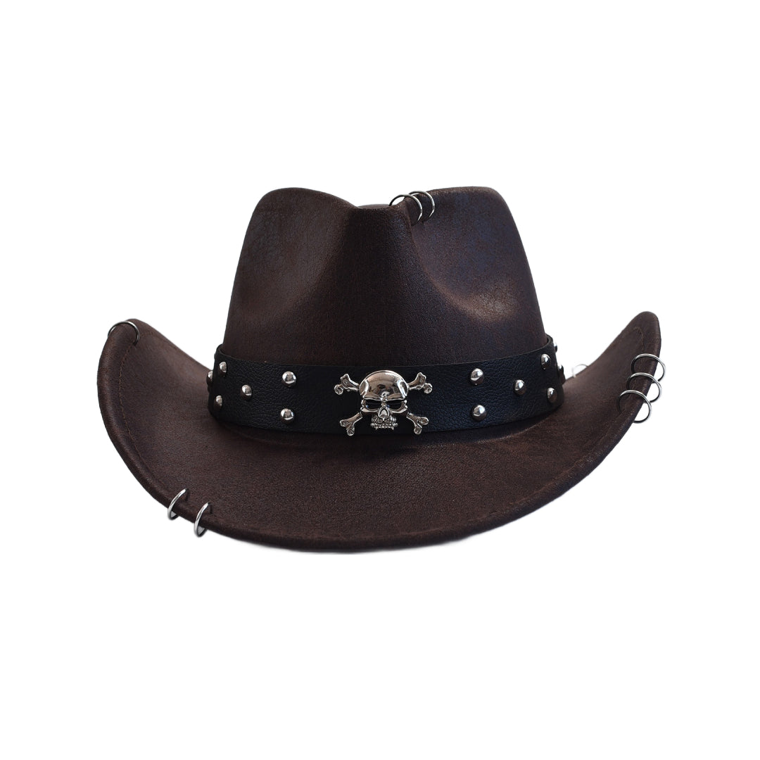 Chapeau Western Tête De Mort En Métal Avec Rivets Et Perforations Du Bord Pour Homme