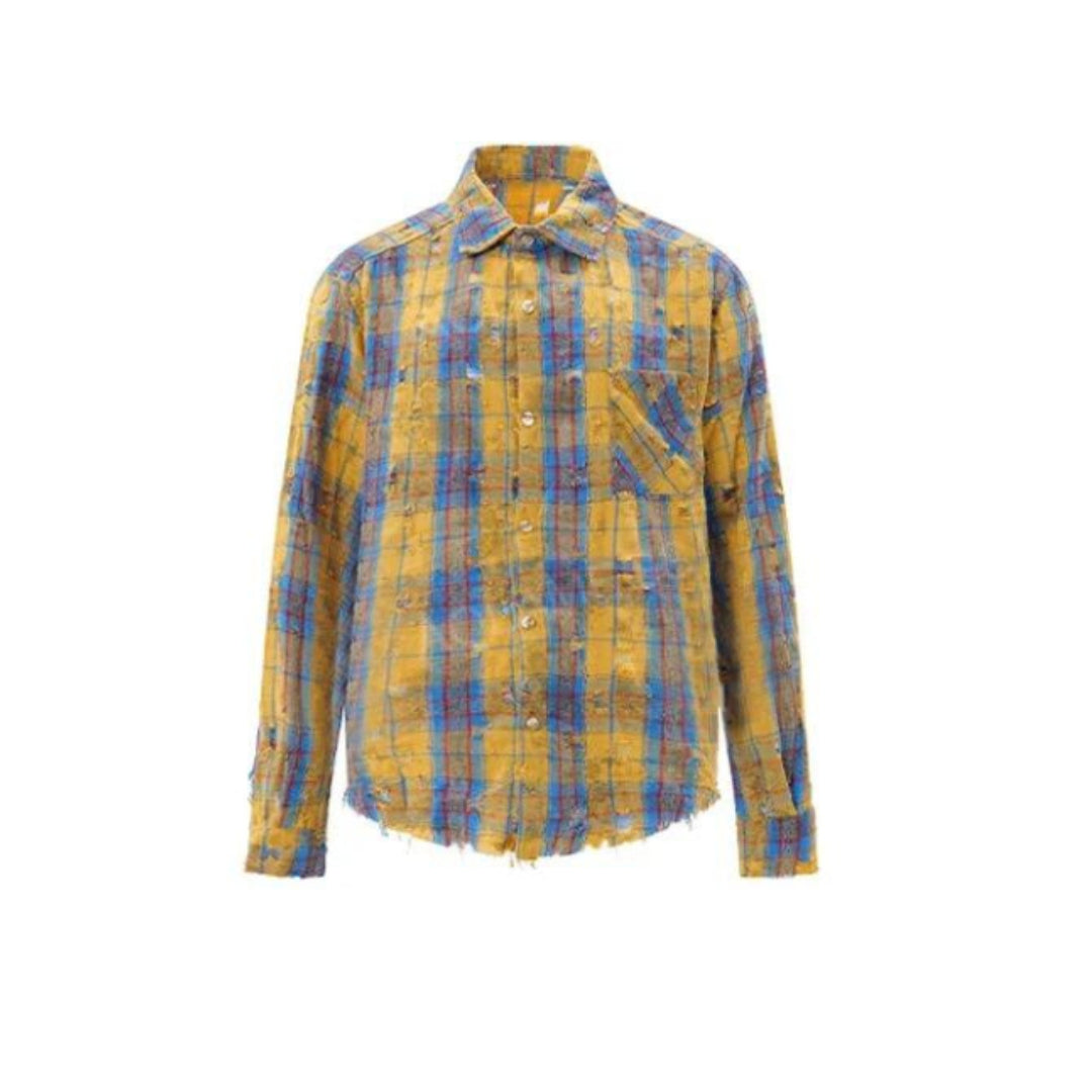 Chemise À Carreaux Déchirée Et Distressée Avec Ourlet Effiloché Et Col Revers En Coton Et Polyester