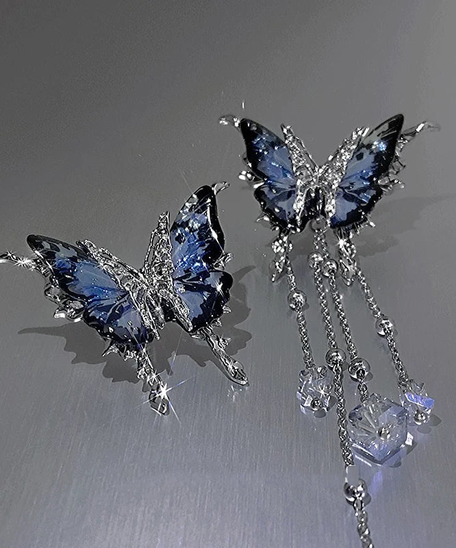 Boucles d'oreilles pendantes asymétriques fantaisie en alliage de cuivre bleu et résine cristalline avec pompon papillon - Amawinc