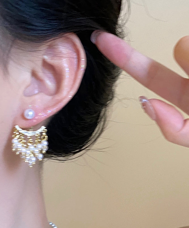 Boucles d'oreilles pendantes fantaisie en or, cuivre, zircon et perles - Amawinc