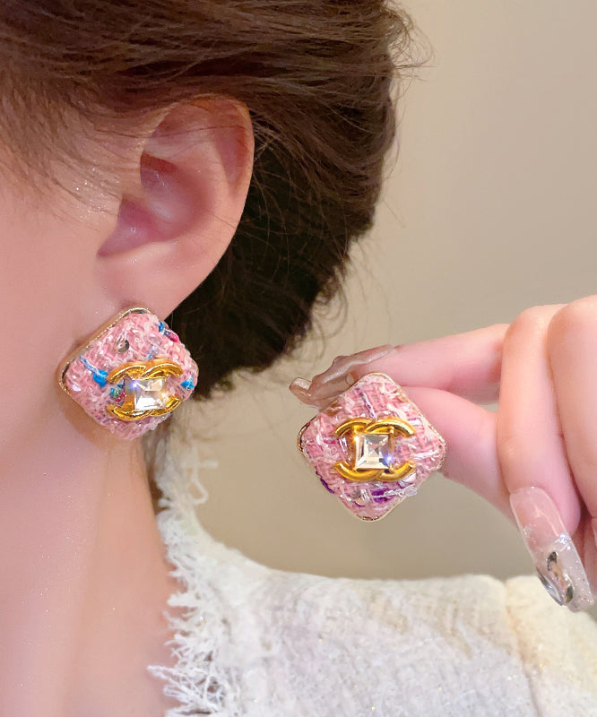 Boucles d'oreilles à tige carrées fantaisie en alliage de zircon rose - Amawinc