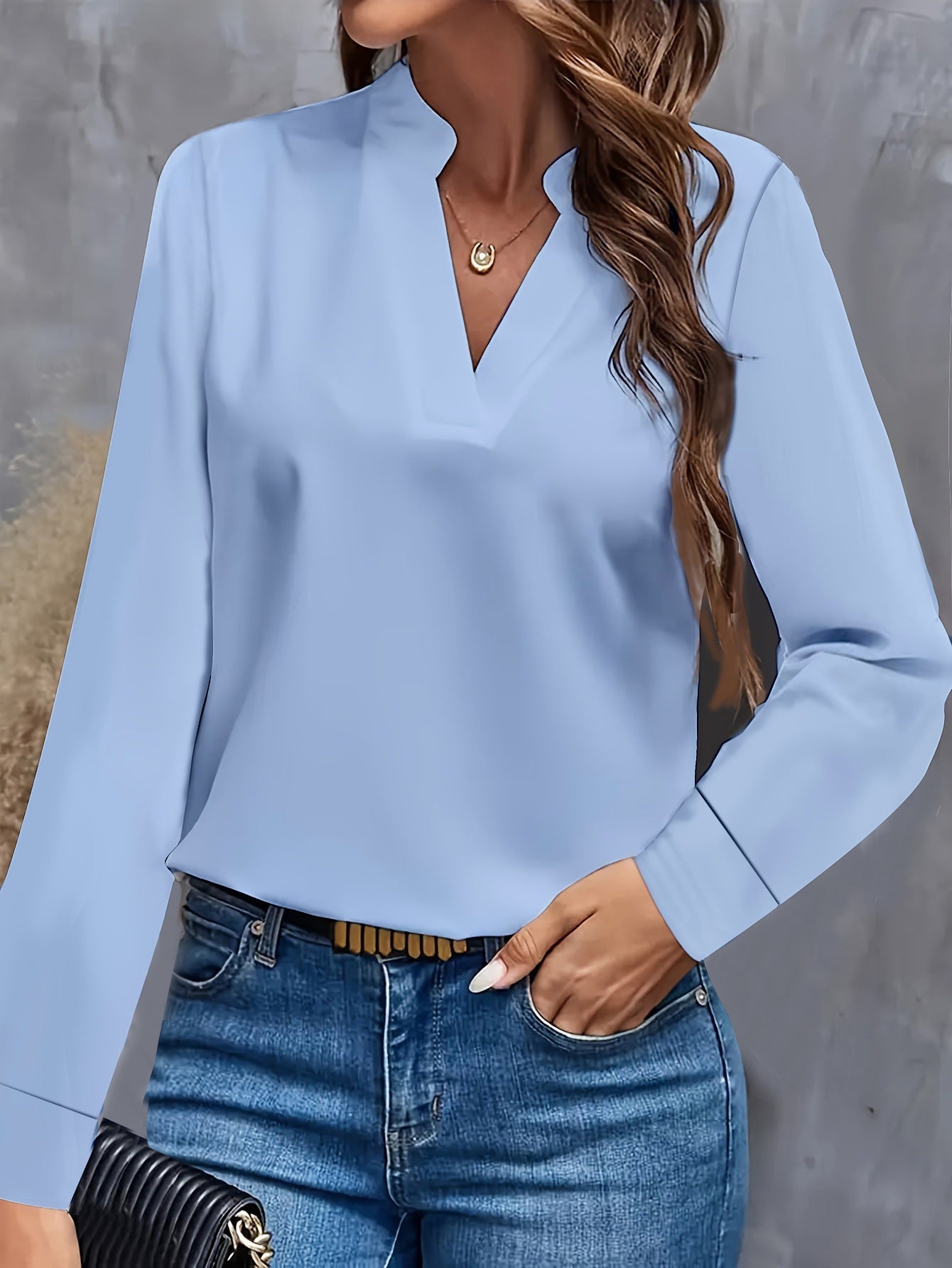 Blouse Femme Encolure V Avec Col Mandarin Manche Longue Coupe Ample Élégante Pour Toutes Occasions