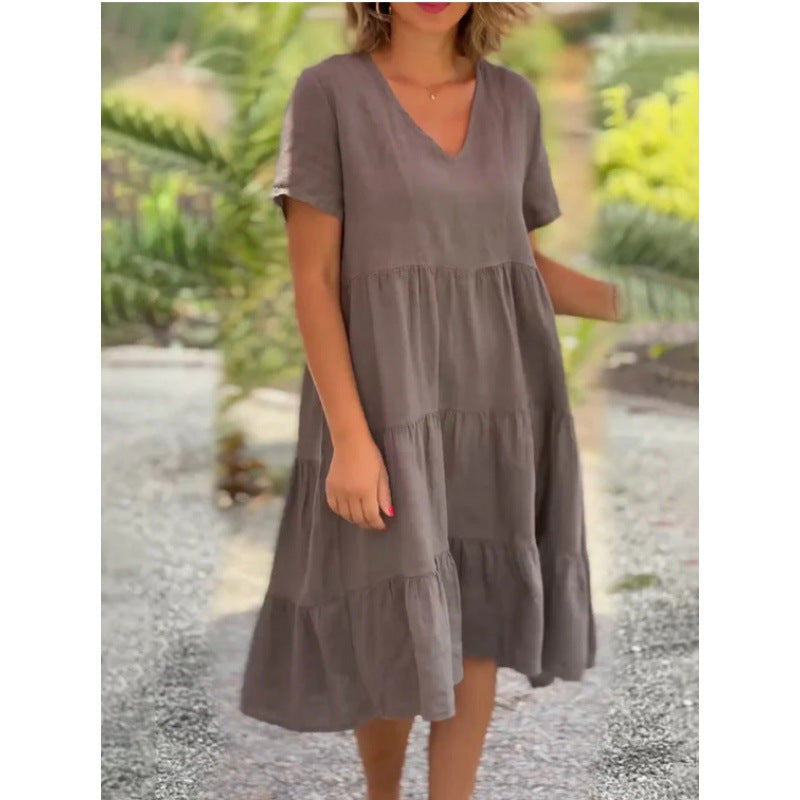 Fudus lässiges, unifarbenes, ausgestelltes Minikleid mit V-Ausschnitt