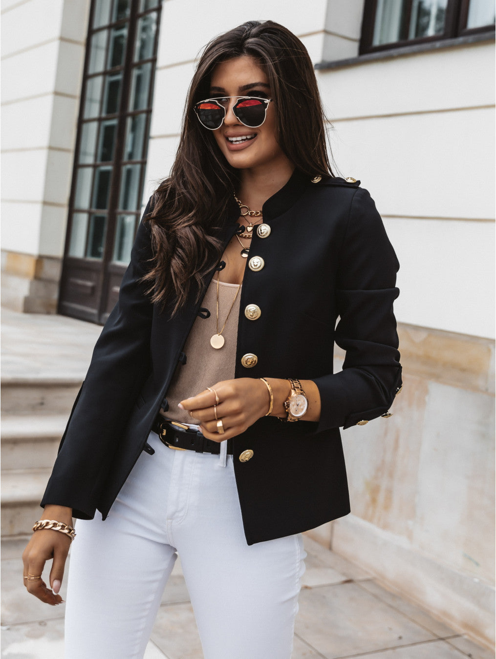Blazer Femme Slim Fit Col Mandarin Boutons Métalliques Longueur Courte Pour Le Travail Et Les Sorties