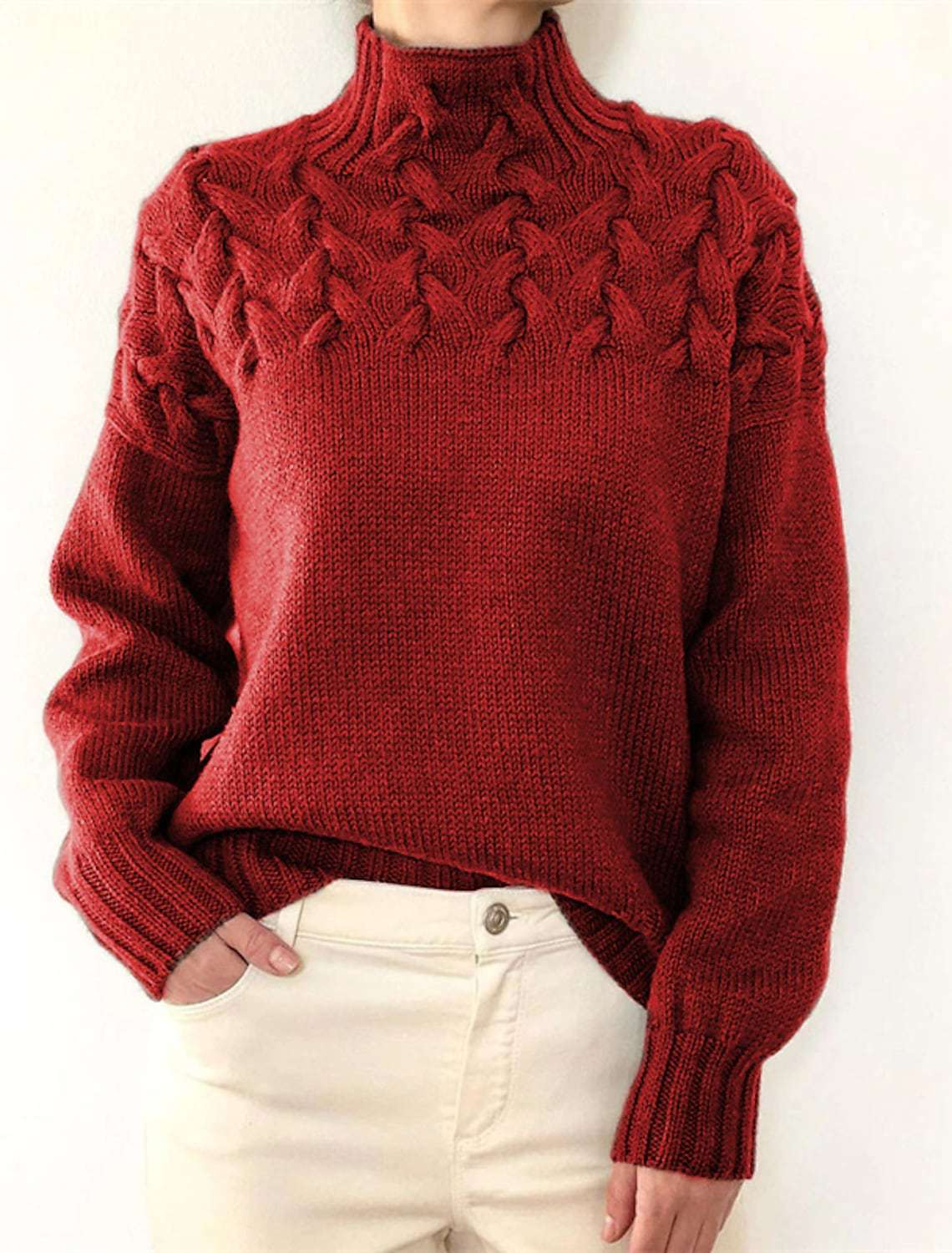 Damen Grobstrickpullover mit Stehkragen und Zopfmuster Amawinc