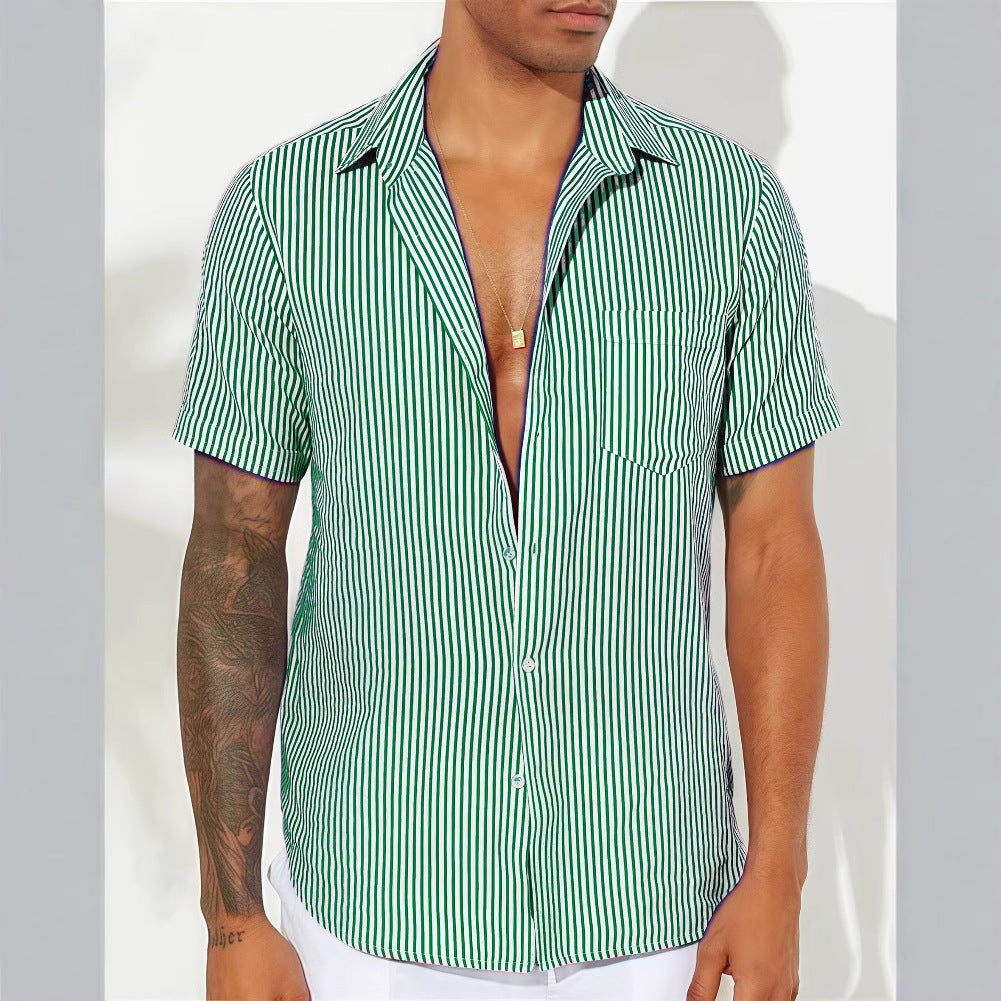 Chemise Homme À Boutons Décontractée Manches Courtes Rayures Verticales Mélange Coton Pour Tenue Décontractée