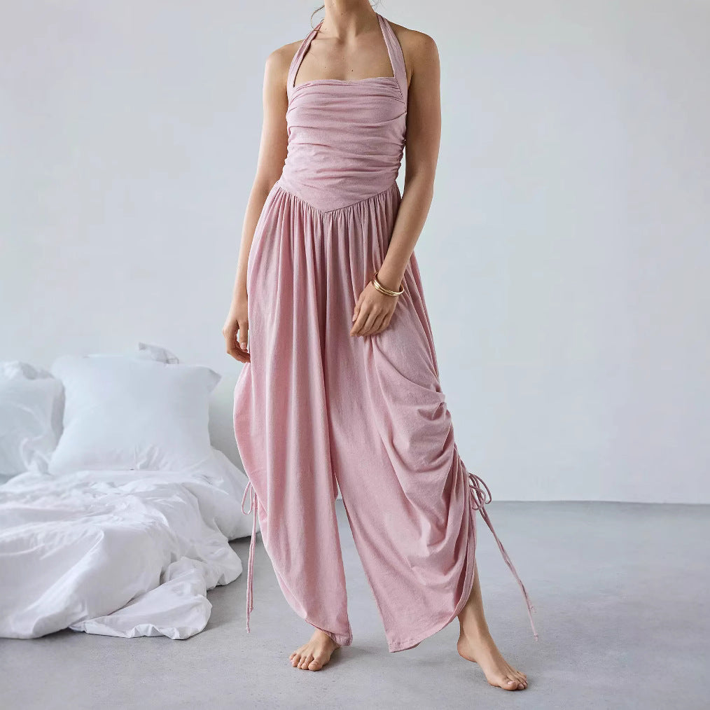 Combinaison Femme À Col Halterneck Décontractée Avec Jambes Largees Et Taille Froncée Pour Été Confortable