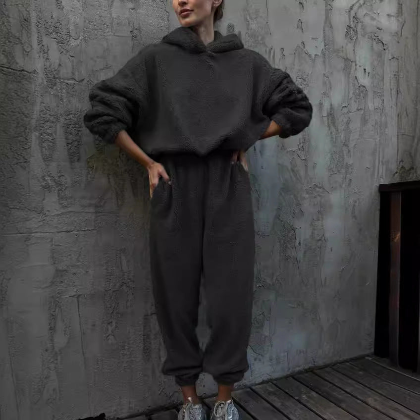 Ensemble Deux Pièces Loungewear Pour Femme Fleece Sweat À Capuche Oversize Et Pantalon Taille Haute Doux