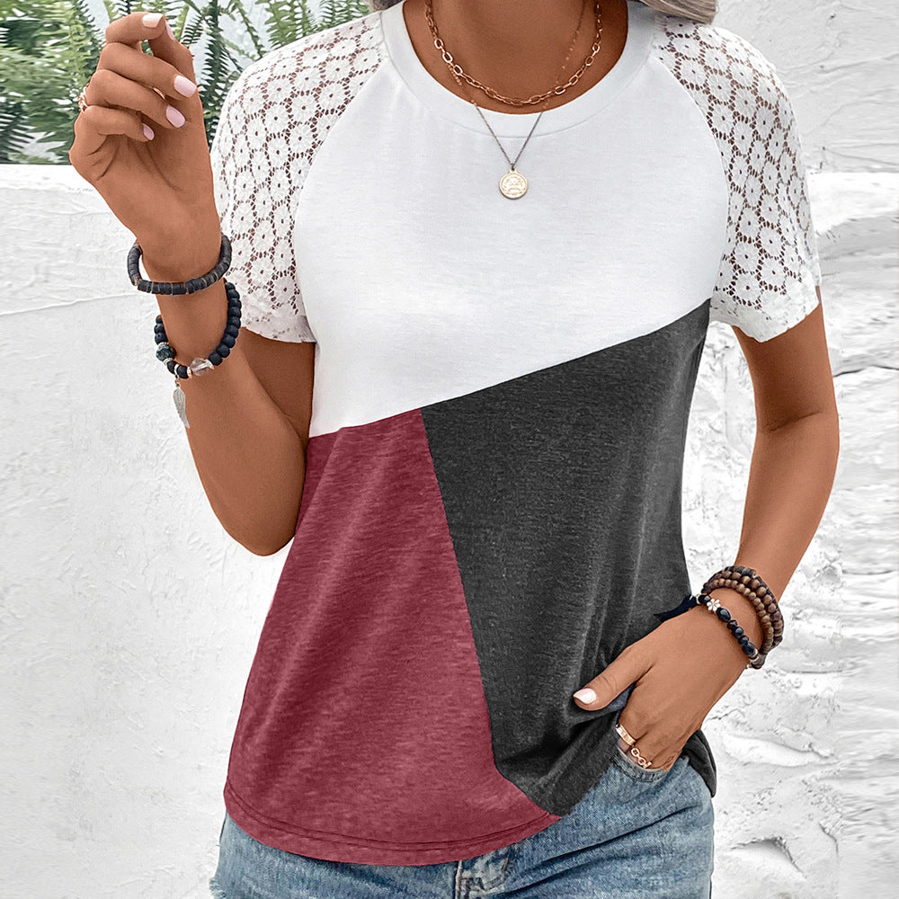 T Shirt Femme Coupe Décontractée En Mélange Coton Avec Manches Dentelle Col Rond Vêtement Décontracté
