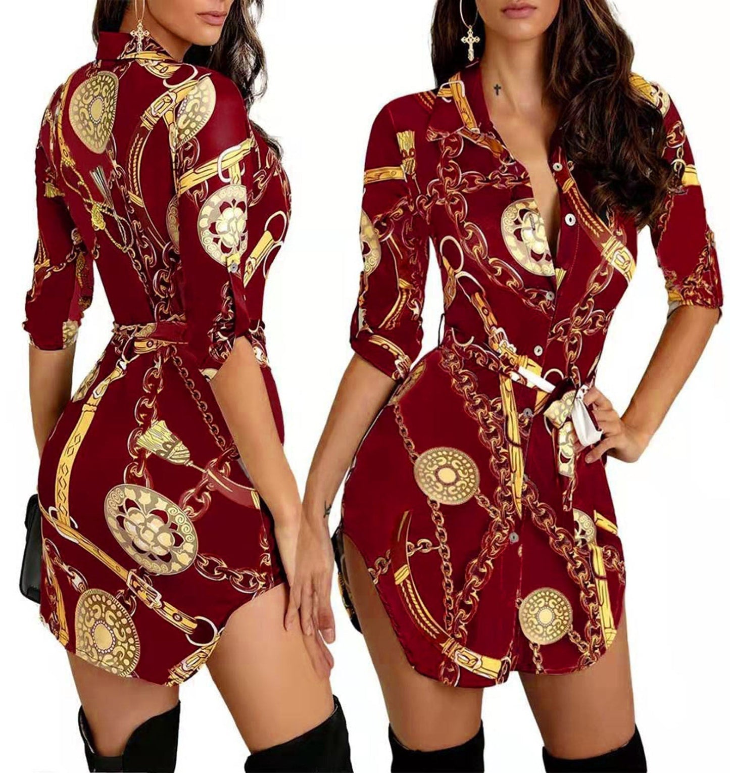 Fudus Elegantes Goldkettchen-Midikleid mit Druck