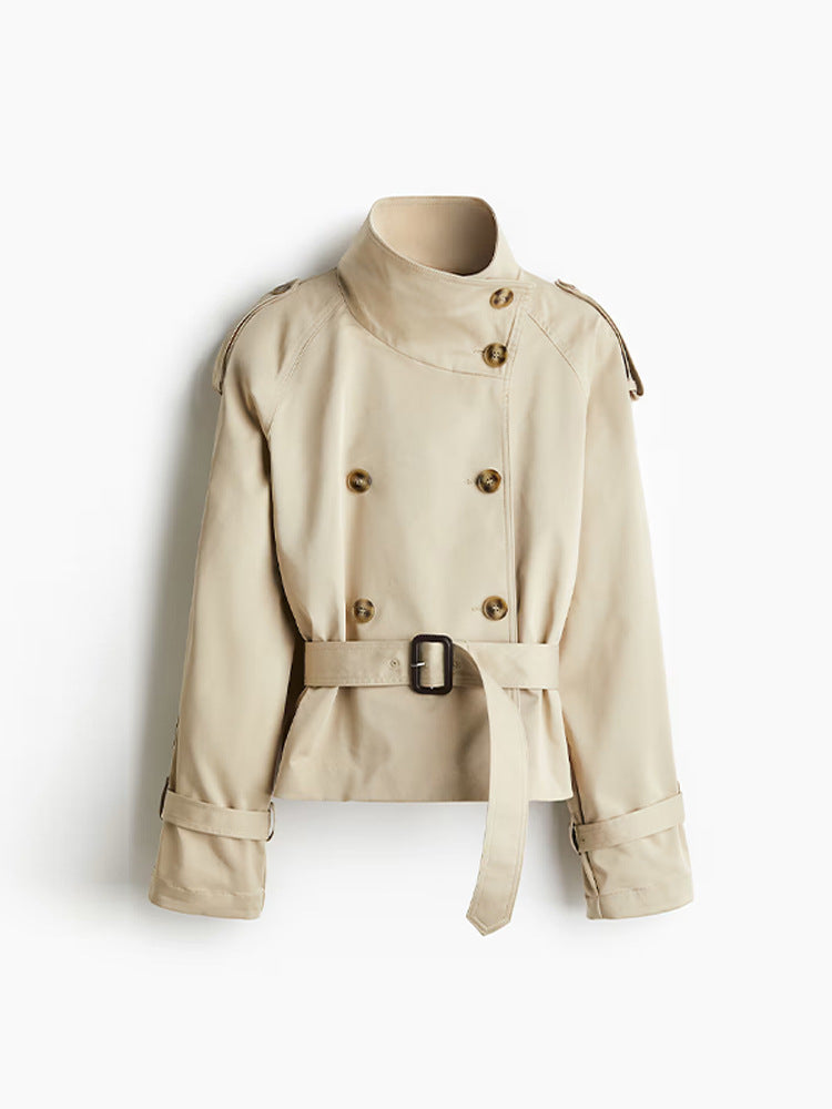 Damen trendige Kurzjacke im modernen Trenchcoat-Stil mit breitem Kragen und Taillengürtel Amawinc