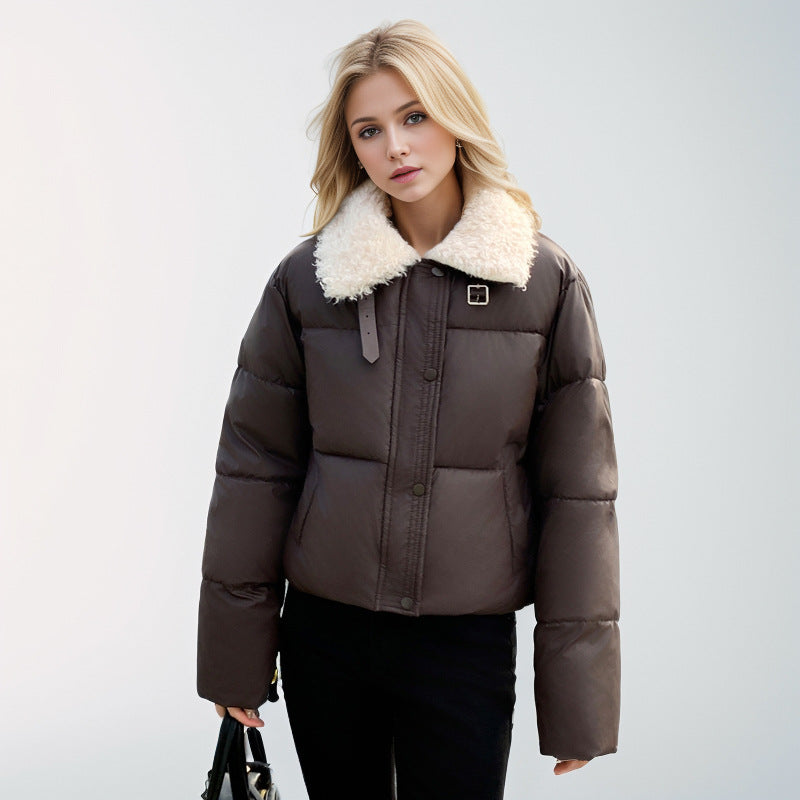 Damen kurze, gefütterte Winterjacke mit elegantem Kunstfellkragen Amawinc