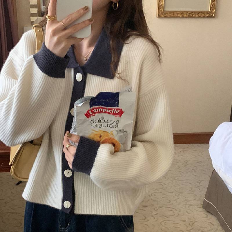 Damen Übergrößen Strickjacke mit kontrastierenden Kragen und Knopfdetail Amawinc