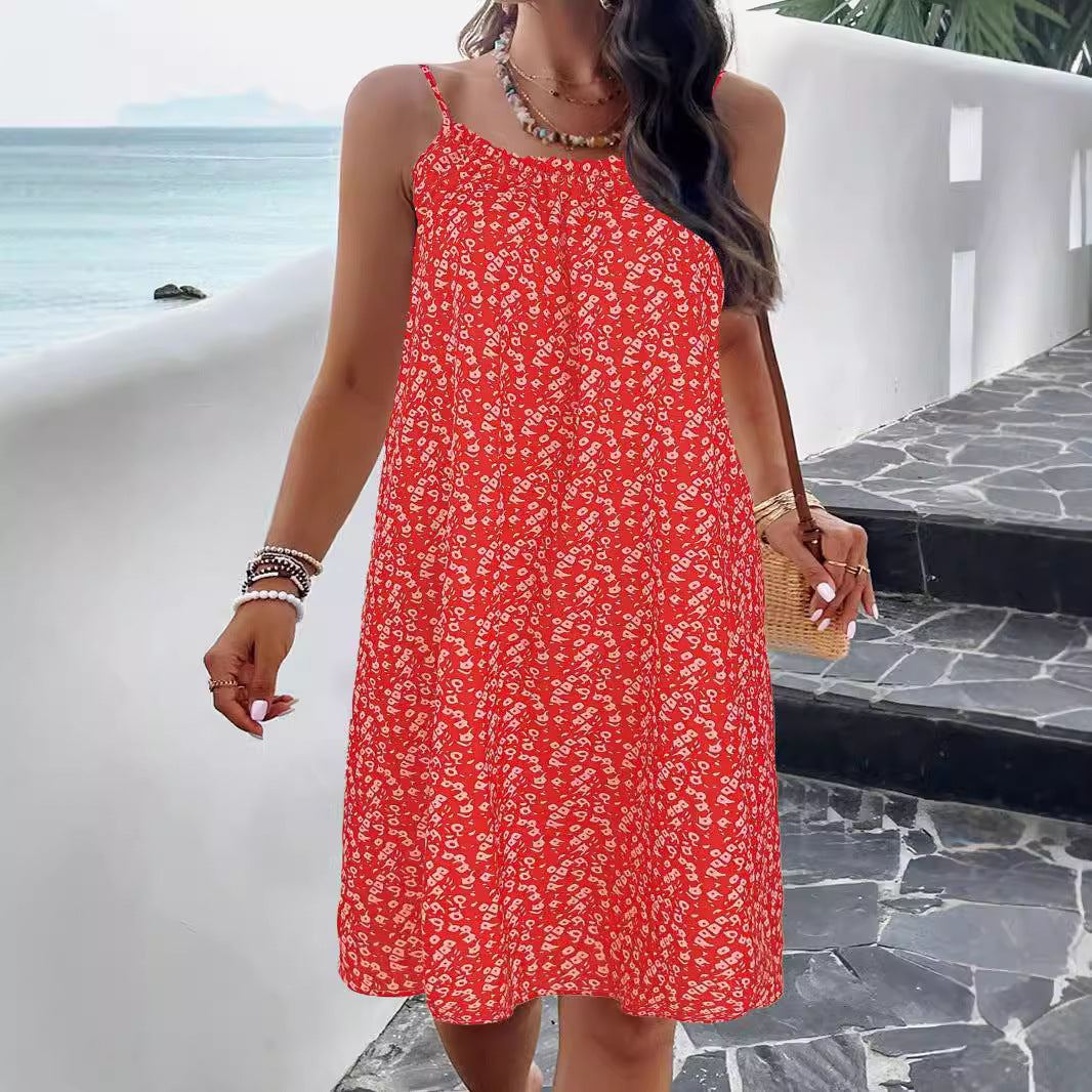 Robe Trapèze Pour Femme Imprimé Floral Bretelles Ajustables Coton Mélangé Respirant Longueur Genou Amawinc