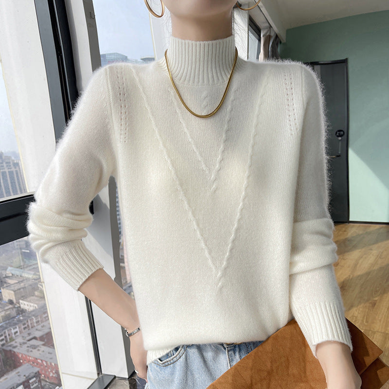 Damen weicher Strickpullover mit hohen Kragen und V-Design Amawinc