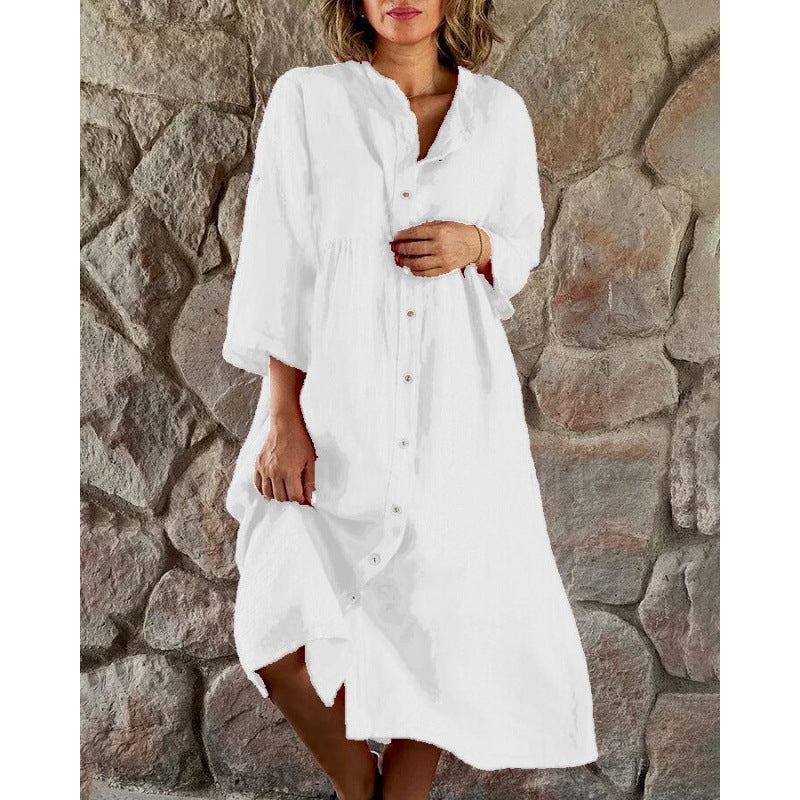 Elegantes, unifarbenes, knielanges Kleid mit Stehkragen und Knopfleiste von Fudus