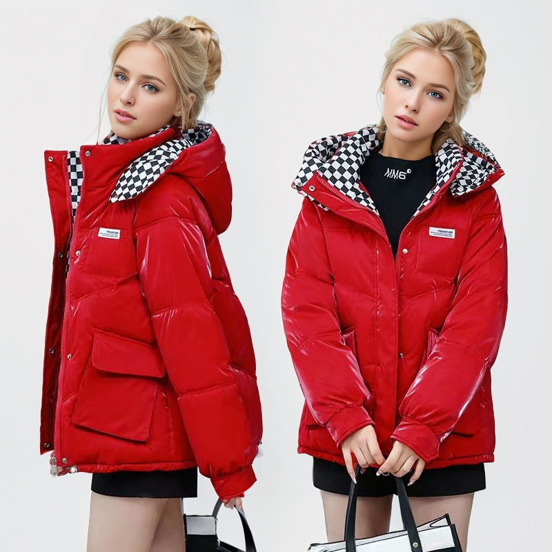 Damen modische glänzende Steppjacke mit hochschließendem Kragen und praktischen Taschen Amawinc