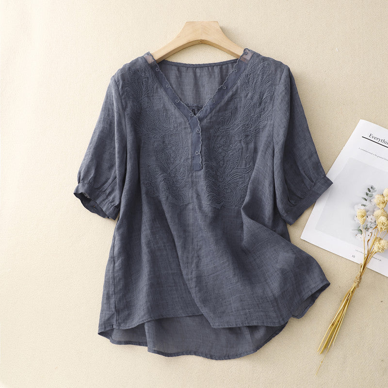 Chemise Femme À Manches Courtes Coupe Ample Col V Broderie Respirante Nordisk Flairs