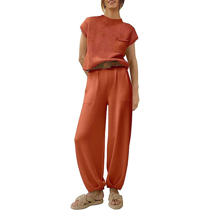 Ensemble En Maille Pour Femme Haut Court Avec Poche Poitrine Pantalon Large Taille Haute Confort Doux