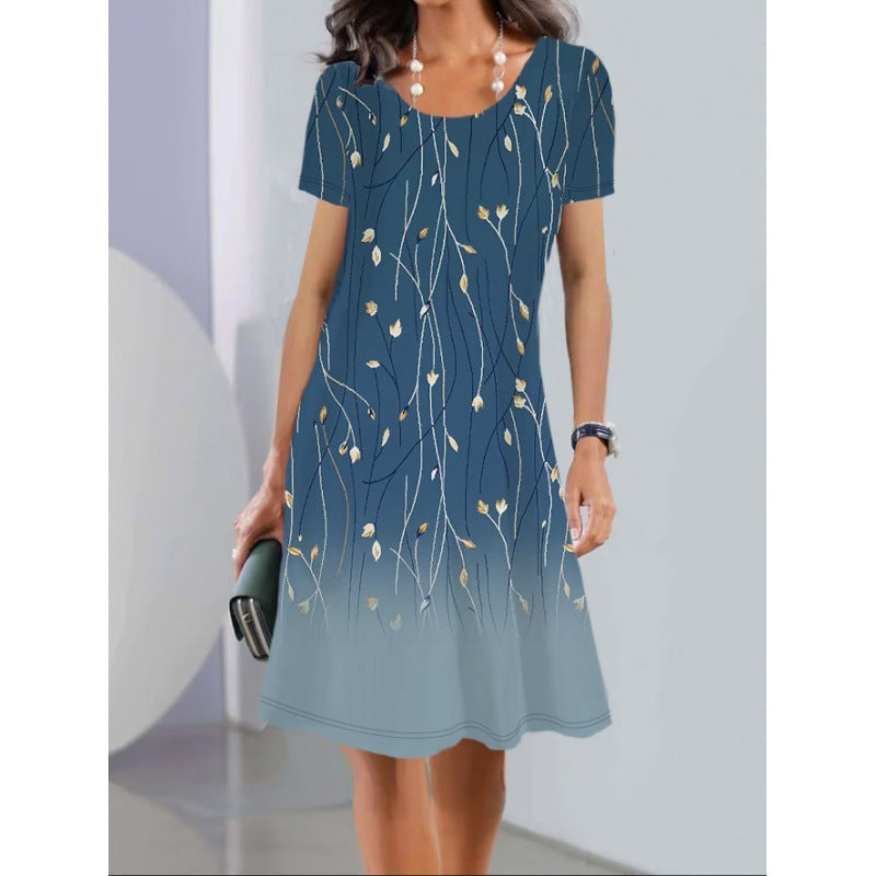 Fudus leichtes Frühlings-Sommer-Midi-Kleid mit Kurzarm und Druck