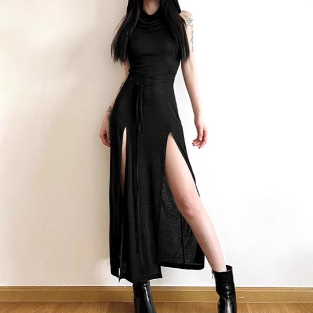 Damen Elegantes Maxikleid mit hohem Schlitz und Kapuze Amawinc