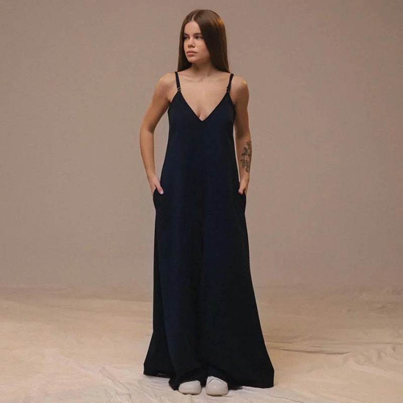 Combinaison Femme Ample Sans Manches Col V Ceinture À Nouer En Lin Mélangé Jambes Évasées