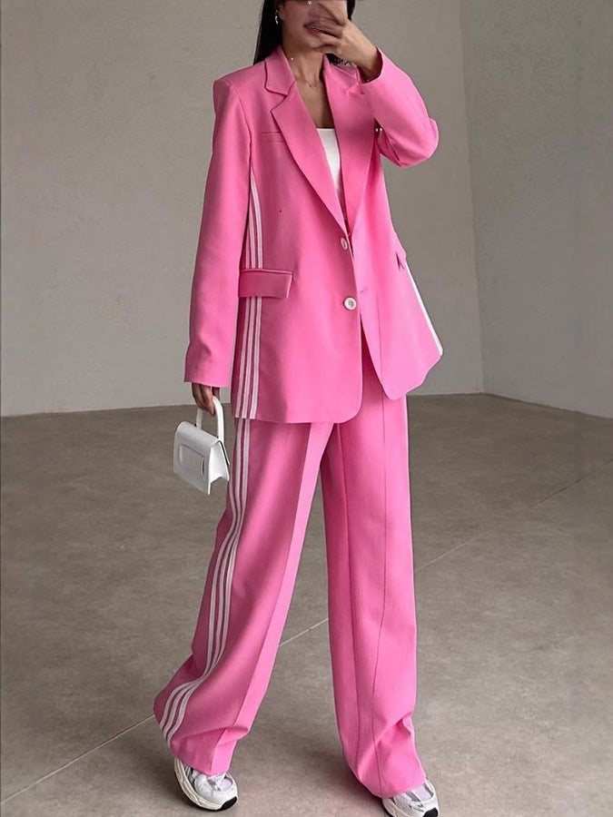 Damen Modisches Blazer-Hosen-Set mit kontrastierenden Streifen Amawinc