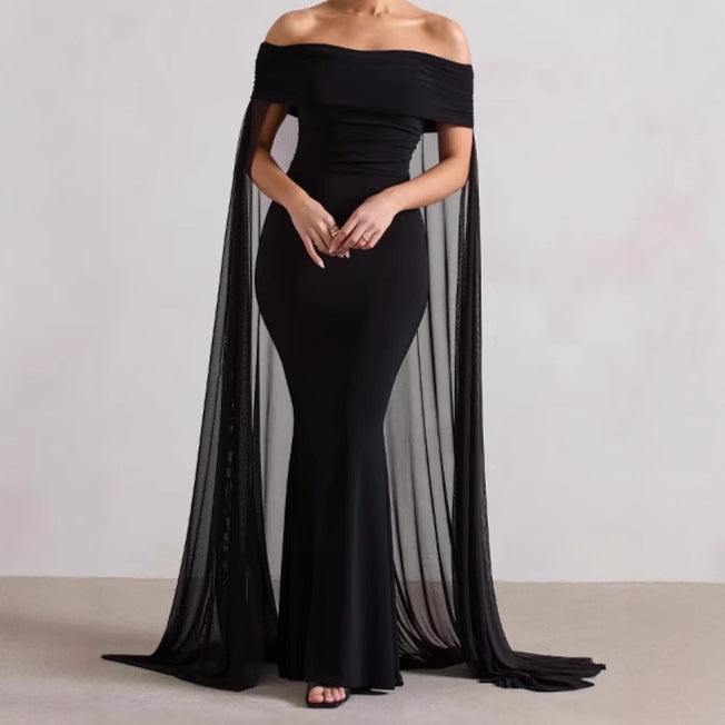 Damen Elegantes Off-Shoulder Abendkleid mit fließendem Transparenz-Cape und figurumspielendem Schnitt Amawinc