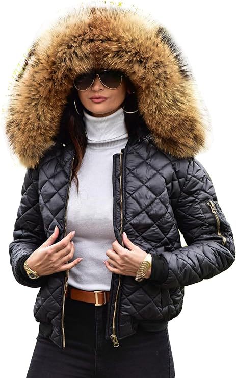Damen gesteppte Winterjacke mit luxuriösem Pelzkragen Amawinc