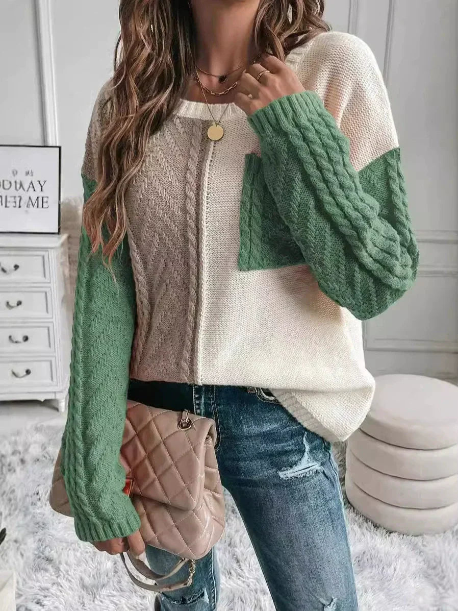 Pull Femme Laine Tricotee Coupe Decontractee Patchwork Avec Poche Poitrine Confortable