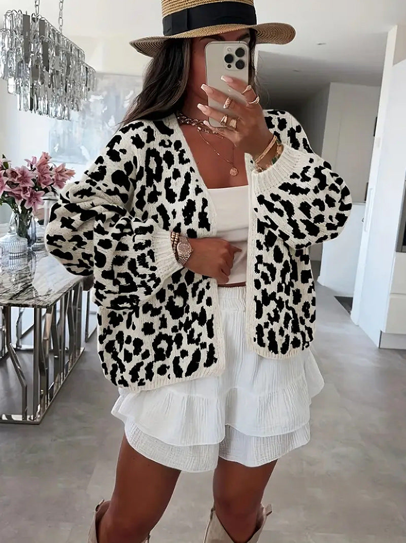 Damen lässiger Strickcardigan mit elegantem Leopardenmuster Amawinc