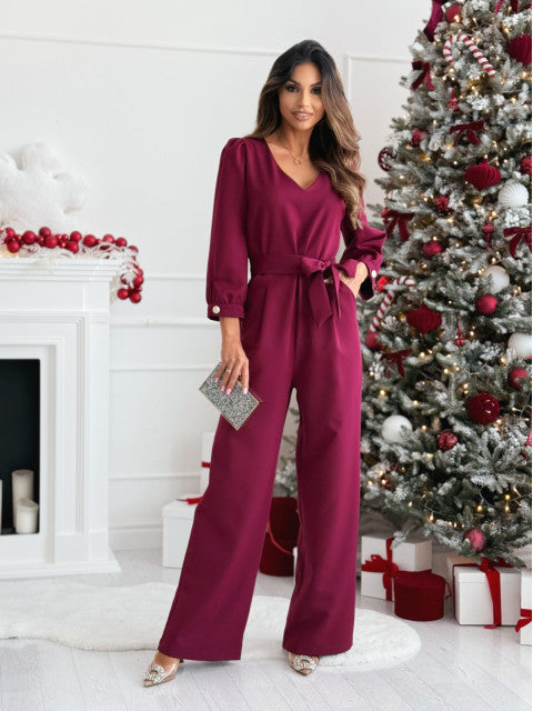 Damen Eleganter Jumpsuit mit taillierbarem Gürtel und V-Ausschnitt Amawinc