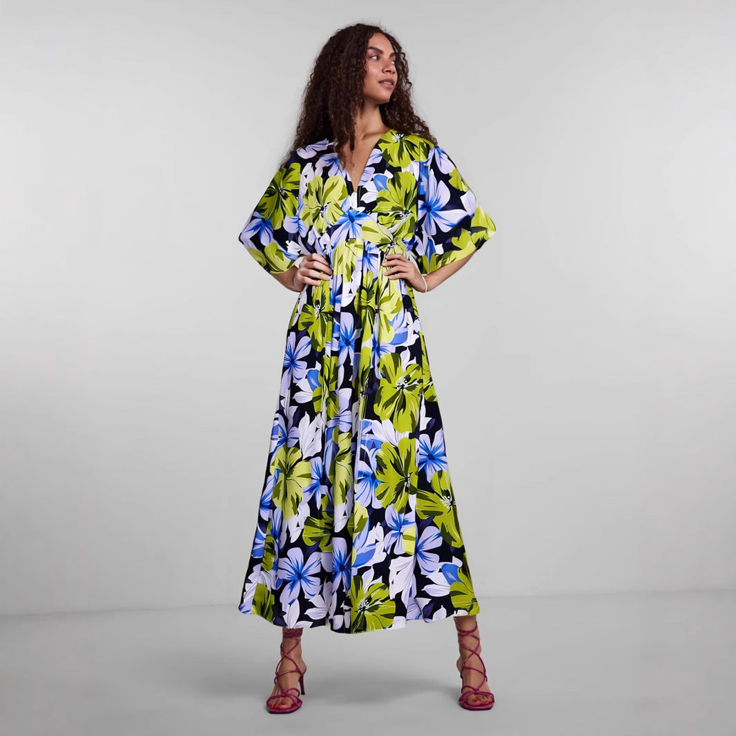 Robe Femme Décolleté En V Motif Floral Manches Courtes Évasées Fente Midi Gracieuse Légère Printemps Été