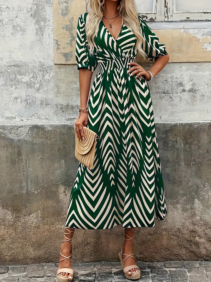 Robe Femme Midi A Ligne Avec Encolure V Croisée Ceinture Manches Bouffantes Chevron