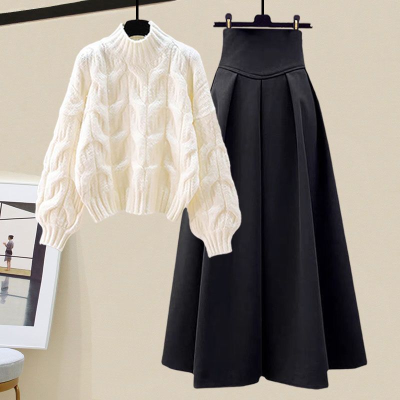 Ensemble Deux Pièces Femme Pull En Laine Tricotée Câblé Jupe Midi Plissée Taille Haute