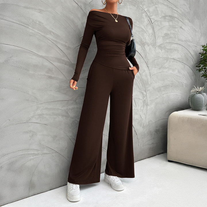 Ensemble Tailleur Femme Nordic Flair Slim Fit Haut À Manches Longues Pantalon Large Taille Haute