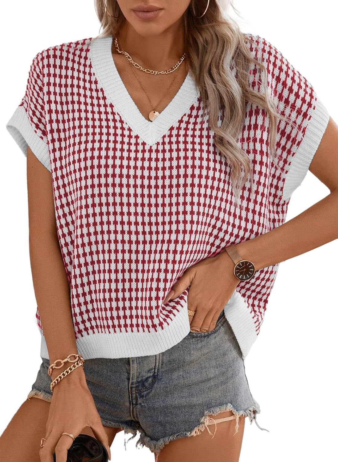 Damen lässiger V-Ausschnitt Pullover mit geometrischem Muster Amawinc