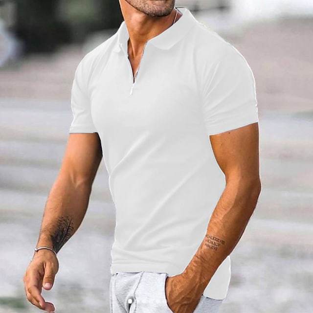Polo Homme Slim Fit Respirant En Mélange De Coton À Manches Courtes Zip Col Zippé Moderne