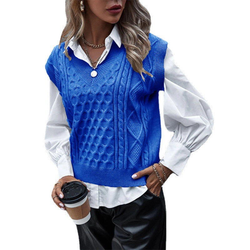 Damen Strickpullover mit Zopfmuster und V-Ausschnitt Amawinc