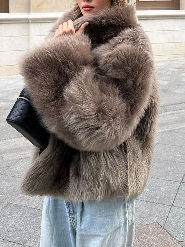 Damen Pelzjacke im modernen Oversize-Stil mit gemütlichem Kragen Amawinc