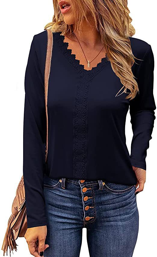Damen elegantes V-Ausschnitt Longsleeve-Shirt mit Spitzenbesatz Amawinc
