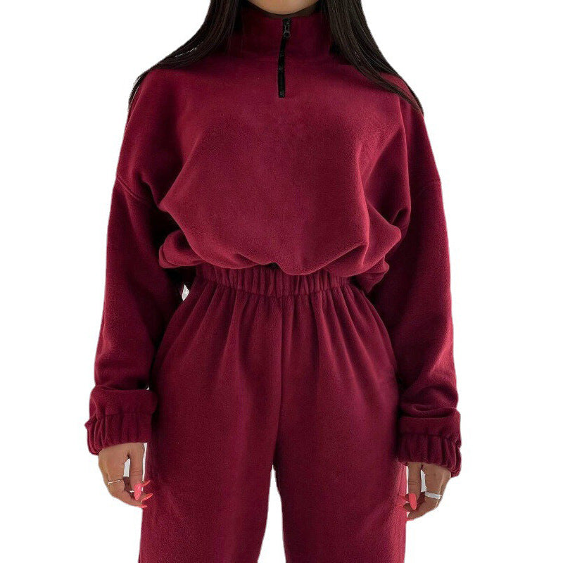 Damen Fleece-Jogginganzug mit kurzem Reißverschluss und lässigem Schnitt Amawinc