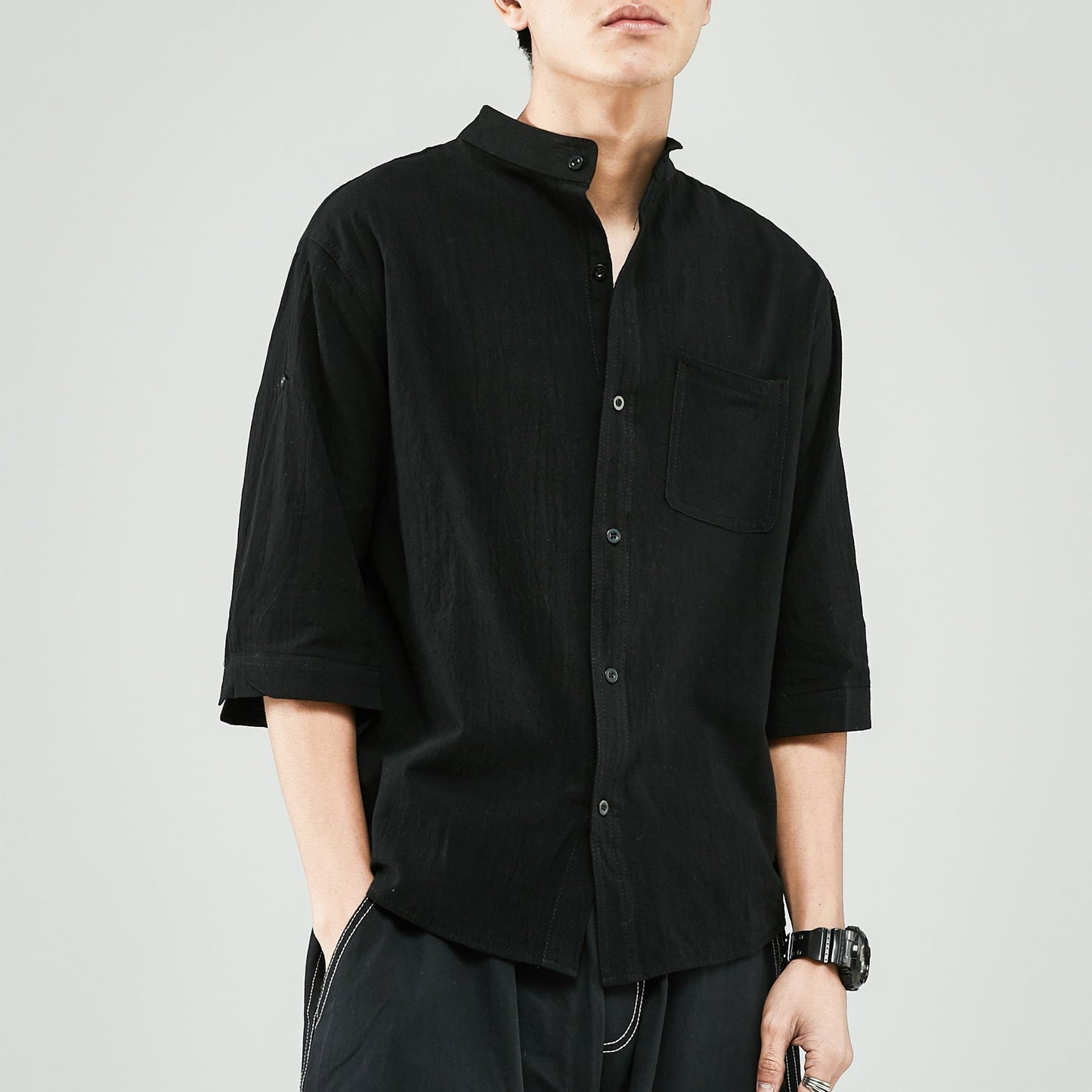 Chemise Homme En Mélange Lin Coton Col Mao Manches 7 8 Décontractée Pour Quotidien